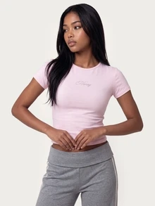MISSGUIDED TEEN Rhinestone Honey Script Crew Neck Short Sleeve Crop T-Shirt Fitted Slim Fit Tee Summer Festival Y2K Style - Pink - View 4