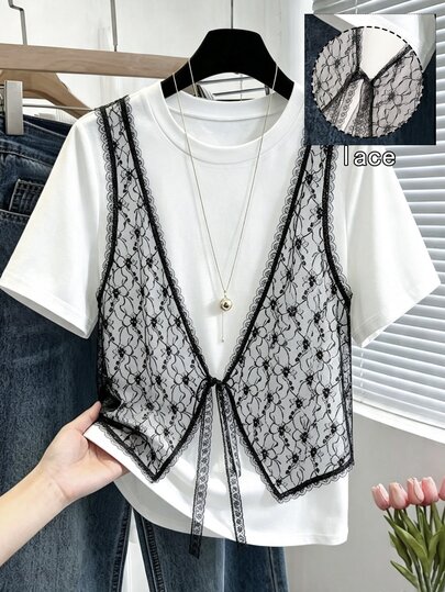 GlowEve CURVE Women's Plus Size Lace Patchwork Knit Fabric Contrast Color Round Neck Short Sleeve Cinched Waist Straight Loose Fit Casual Daily Home Fashion Elegant Comfortable Beach Vacation Party Date Wedding Guest Outing Office Versatile 2 In 1 T-Shirt, Spring Summer Autumn
