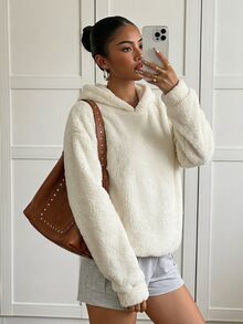 SHEIN 1件女款青少年軟甜風格居家與戶外休閒加厚蓬鬆珊瑚絨連帽套頭運動衫上衣，秋冬款 - 白色 - 查看 1