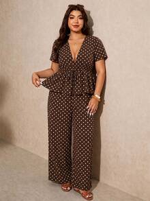Melodosi Plus Size Casual Vacation Polka Dot Short Sleeve A-Line Ruffle Blouse And Straight Leg Casual Pants 2-Piece Set, Brown Outfit For Summer - Multicolor - View 4