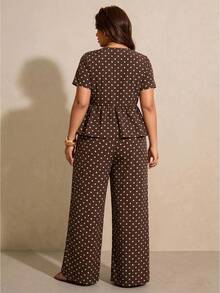 Melodosi Plus Size Casual Vacation Polka Dot Short Sleeve A-Line Ruffle Blouse And Straight Leg Casual Pants 2-Piece Set, Brown Outfit For Summer - Multicolor - View 3