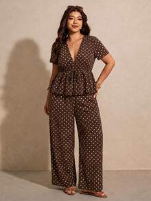 Melodosi Plus Size Casual Vacation Polka Dot Short Sleeve A-Line Ruffle Blouse And Straight Leg Casual Pants 2-Piece Set, Brown Outfit For Summer - Multicolor - View 6