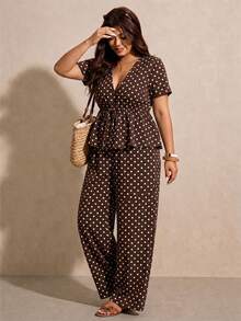 Melodosi Plus Size Casual Vacation Polka Dot Short Sleeve A-Line Ruffle Blouse And Straight Leg Casual Pants 2-Piece Set, Brown Outfit For Summer - Multicolor - View 2