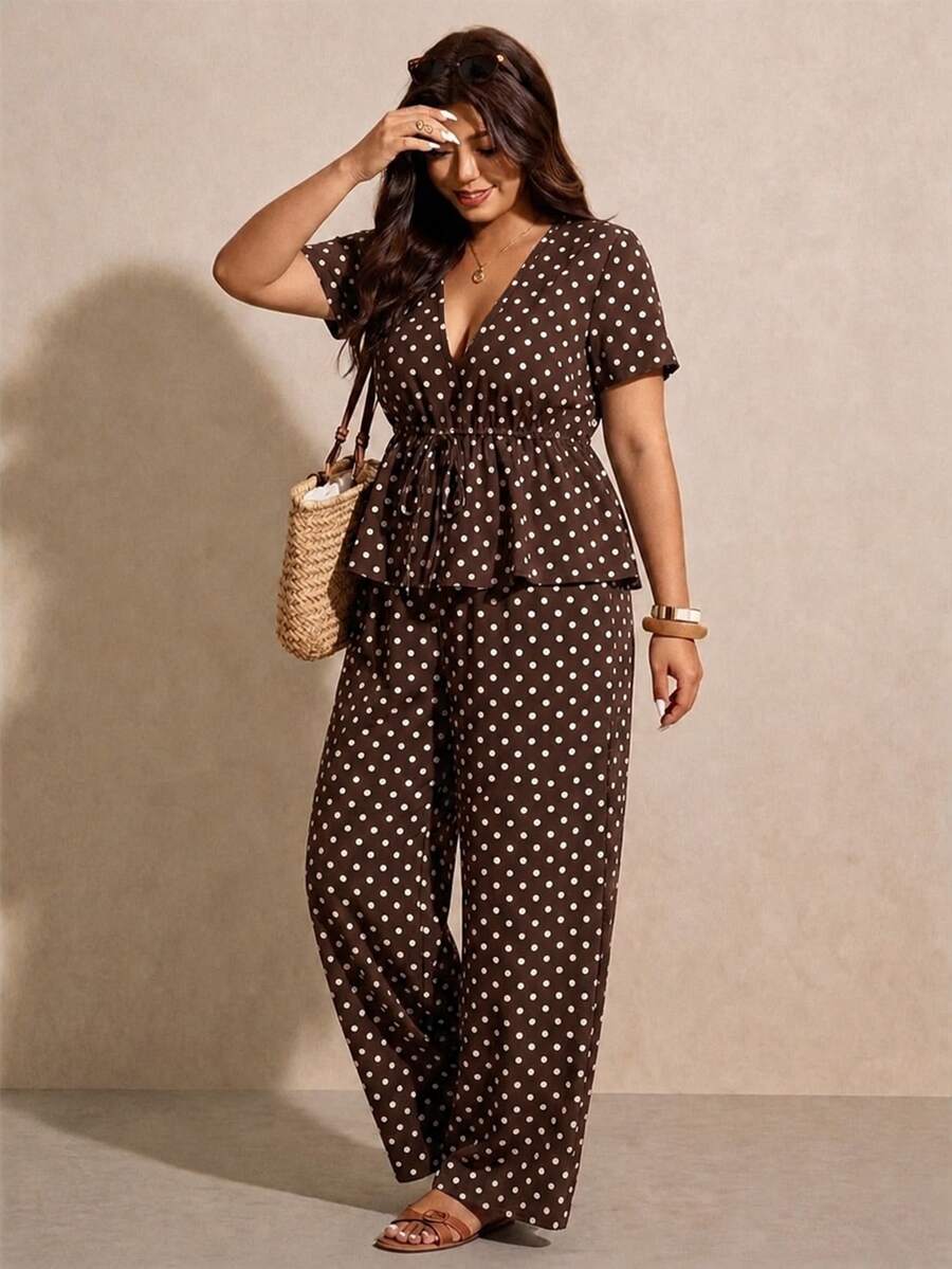 Melodosi Plus Size Casual Vacation Polka Dot Short Sleeve A-Line Ruffle Blouse And Straight Leg Casual Pants 2-Piece Set, Brown Outfit For Summer