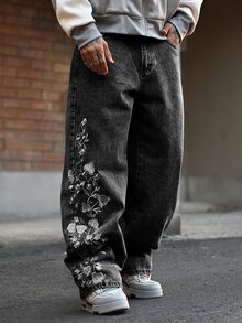 Devon Thys Hearty Haven 1件裝男士時尚街頭風刺繡寬腿寬鬆舒適四季百搭牛仔褲－不含腰帶與配件 - 灰色 - 查看 5