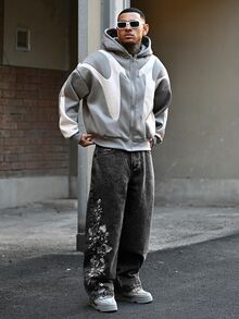Devon Thys Hearty Haven 1件裝男士時尚街頭風刺繡寬腿寬鬆舒適四季百搭牛仔褲－不含腰帶與配件 - 灰色 - 查看 7