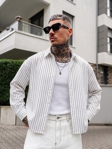 Artur Kramer 男士單排扣休閒/通勤條紋短袖襯衫，商務休閒風 - 白色 - 查看 4