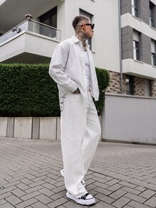 Artur Kramer 男士單排扣休閒/通勤條紋短袖襯衫，商務休閒風 - 白色 - 查看 3