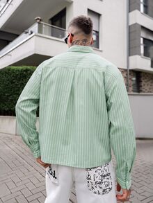 Artur Kramer Kemeja Pria Lengan Pendek Bergaris Model Kancing Tunggal untuk Kasual/Perjalanan - Mint Green - View 2