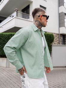 Artur Kramer Kemeja Pria Lengan Pendek Bergaris Model Kancing Tunggal untuk Kasual/Perjalanan - Mint Green - View 6