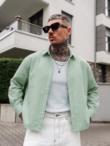 Artur Kramer Kemeja Pria Lengan Pendek Bergaris Model Kancing Tunggal untuk Kasual/Perjalanan - Mint Green - View 1