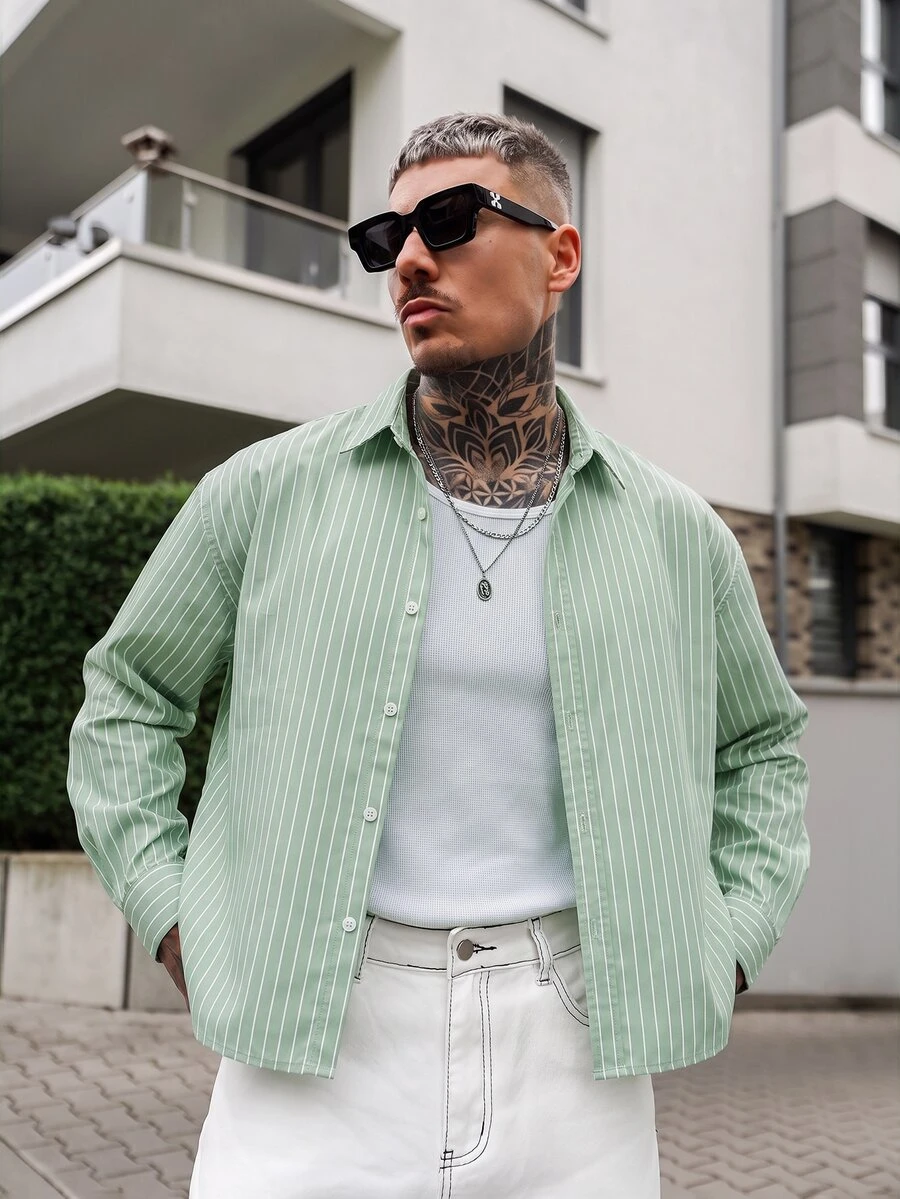 Artur Kramer Kemeja Pria Lengan Pendek Bergaris Model Kancing Tunggal untuk Kasual/Perjalanan - Mint Green - View 1