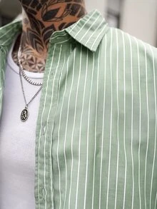 Artur Kramer Kemeja Pria Lengan Pendek Bergaris Model Kancing Tunggal untuk Kasual/Perjalanan - Mint Green - View 4