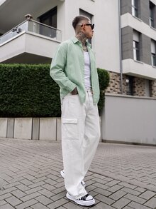 Artur Kramer Kemeja Pria Lengan Pendek Bergaris Model Kancing Tunggal untuk Kasual/Perjalanan - Mint Green - View 5