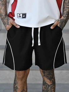 Devon Thys 男士休闲短裤，纯色条纹沙滩短裤，Emo，2000 年代风格 - 黑色 - 查看 4