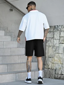 Devon Thys 男士休闲短裤，纯色条纹沙滩短裤，Emo，2000 年代风格 - 黑色 - 查看 3