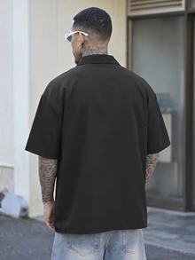 Devon Thys GloMan 男士實用老錢風襯衫，白色工裝口袋短袖寬鬆版型翻領襯衫，適合夏季度假、戶外日常穿著，送給父親/丈夫的禮物 - 黑色 - 查看 2