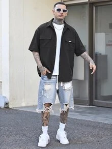 Devon Thys GloMan 男士實用老錢風襯衫，白色工裝口袋短袖寬鬆版型翻領襯衫，適合夏季度假、戶外日常穿著，送給父親/丈夫的禮物 - 黑色 - 查看 1
