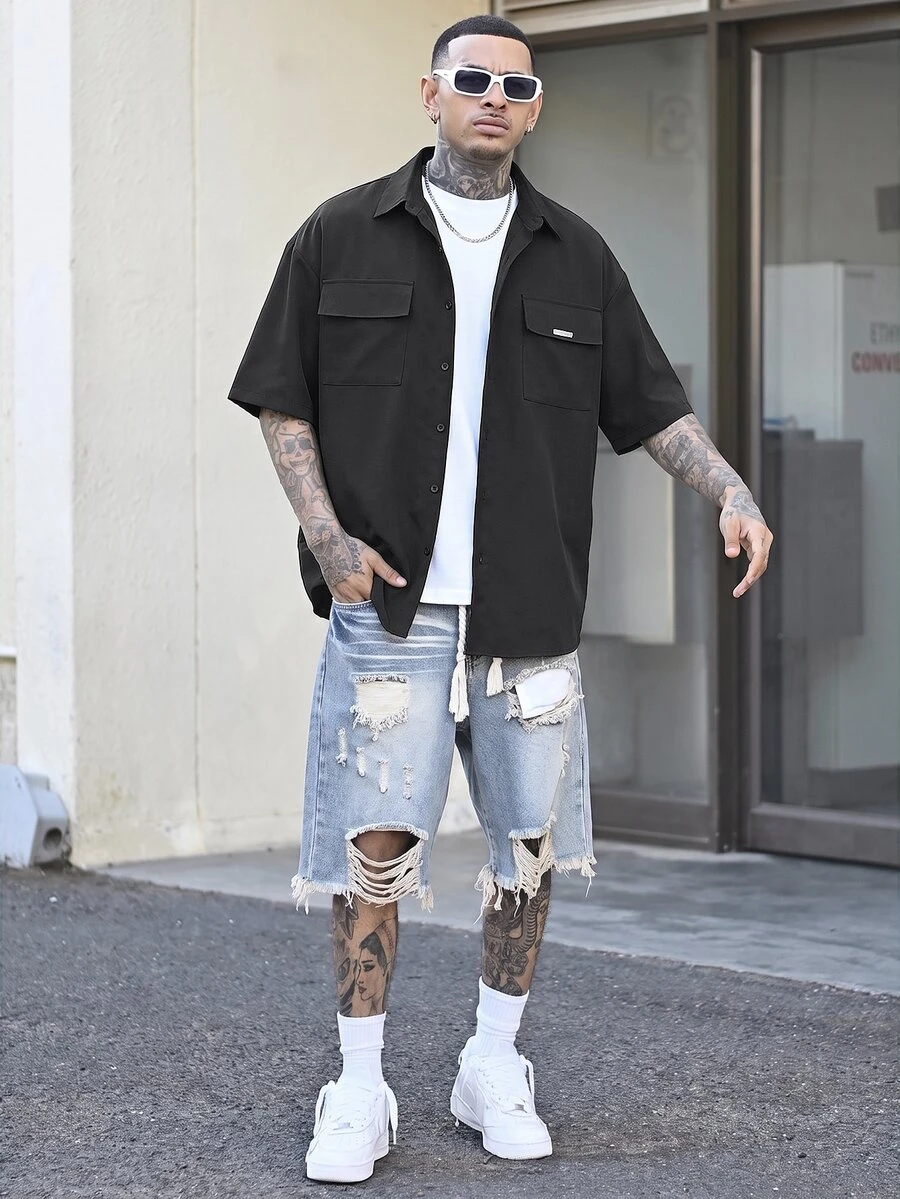 Devon Thys GloMan 男士實用老錢風襯衫,白色工裝口袋短袖寬鬆版型翻領襯衫,適合夏季度假、戶外日常穿著,送給父親/丈夫的禮物 - 黑色 - 查看 1