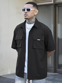 Devon Thys GloMan 男士實用老錢風襯衫，白色工裝口袋短袖寬鬆版型翻領襯衫，適合夏季度假、戶外日常穿著，送給父親/丈夫的禮物 - 黑色 - 查看 3