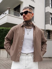 Artur Kramer 男士单排扣休闲/通勤条纹短袖衬衫 - 棕色 - 查看 3