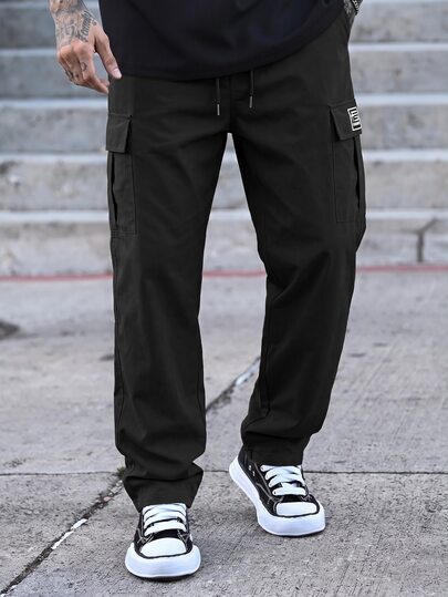 Devon Thys Men's Fashion Cargo Pants With Multiple Pockets, Straight Leg, Elastic Waist, Loose Fit, Solid Color, Single Side Embroidered Logo, Non-Stretch Fabric, Recommended Size Up, Summer Lightweight, Great Gift For Boyfriend Or Husband