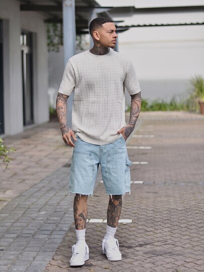 Devon Thys Men's Denim Bermuda Shorts, American Casual Loose Fit Faded Light Blue Vintage Style Knee Length Pants For Summer