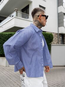 Artur Kramer 男士单排扣休闲/通勤条纹短袖衬衫 - 藍色 - 查看 4