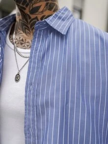 Artur Kramer 男士单排扣休闲/通勤条纹短袖衬衫 - 藍色 - 查看 5