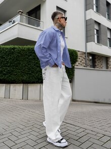 Artur Kramer 男士单排扣休闲/通勤条纹短袖衬衫 - 藍色 - 查看 3