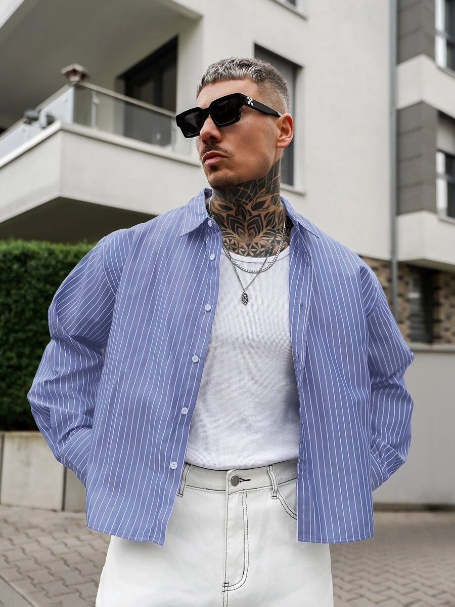 Artur Kramer 男士单排扣休闲/通勤条纹短袖衬衫 - 藍色 - 查看 1