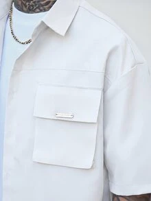Devon Thys GloMan 男士老錢風工裝襯衫，白色短袖寬鬆版型翻領襯衫，附多功能口袋，適合夏季度假、戶外、日常穿著，送給父親/丈夫 - 白色 - 查看 7