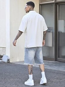 Devon Thys GloMan 男士老錢風工裝襯衫，白色短袖寬鬆版型翻領襯衫，附多功能口袋，適合夏季度假、戶外、日常穿著，送給父親/丈夫 - 白色 - 查看 6