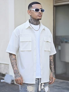 Devon Thys GloMan 男士老錢風工裝襯衫，白色短袖寬鬆版型翻領襯衫，附多功能口袋，適合夏季度假、戶外、日常穿著，送給父親/丈夫 - 白色 - 查看 5