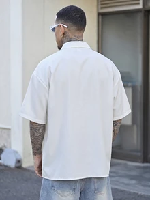 Devon Thys GloMan 男士老錢風工裝襯衫，白色短袖寬鬆版型翻領襯衫，附多功能口袋，適合夏季度假、戶外、日常穿著，送給父親/丈夫 - 白色 - 查看 2