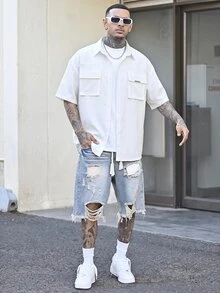 Devon Thys GloMan 男士老錢風工裝襯衫，白色短袖寬鬆版型翻領襯衫，附多功能口袋，適合夏季度假、戶外、日常穿著，送給父親/丈夫 - 白色 - 查看 1