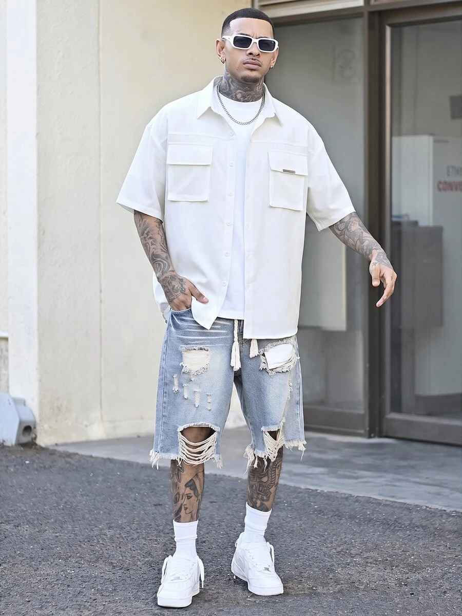 Devon Thys GloMan 男士老錢風工裝襯衫,白色短袖寬鬆版型翻領襯衫,附多功能口袋,適合夏季度假、戶外、日常穿著,送給父親/丈夫 - 白色 - 查看 1
