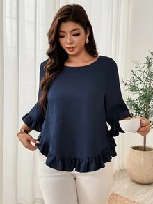 Weeklong Plus Size Blue Asymmetrical Hem Long Sleeve Blouse With Ruffle Cuff, Wood Ear Ruffle Hem And Pleated Ruffle Trim, Pullover Style Fall - Blue - View 4