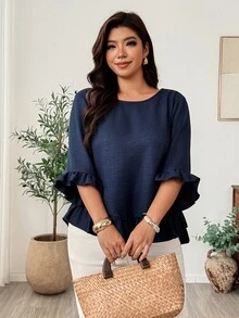 Weeklong Plus Size Blue Asymmetrical Hem Long Sleeve Blouse With Ruffle Cuff, Wood Ear Ruffle Hem And Pleated Ruffle Trim, Pullover Style Fall - Blue - View 7