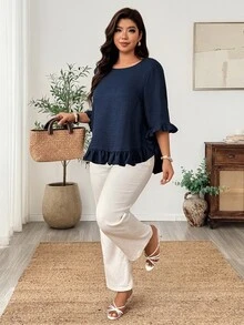 Weeklong Plus Size Blue Asymmetrical Hem Long Sleeve Blouse With Ruffle Cuff, Wood Ear Ruffle Hem And Pleated Ruffle Trim, Pullover Style Fall - Blue - View 6