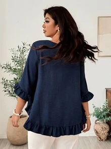 Weeklong Plus Size Blue Asymmetrical Hem Long Sleeve Blouse With Ruffle Cuff, Wood Ear Ruffle Hem And Pleated Ruffle Trim, Pullover Style Fall - Blue - View 2