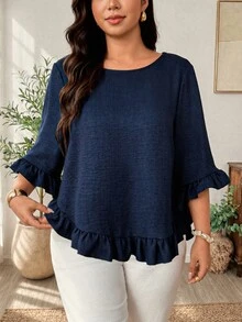 Weeklong Plus Size Blue Asymmetrical Hem Long Sleeve Blouse With Ruffle Cuff, Wood Ear Ruffle Hem And Pleated Ruffle Trim, Pullover Style Fall - Blue - View 3
