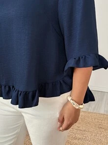 Weeklong Plus Size Blue Asymmetrical Hem Long Sleeve Blouse With Ruffle Cuff, Wood Ear Ruffle Hem And Pleated Ruffle Trim, Pullover Style Fall - Blue - View 8