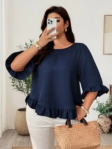 Weeklong Plus Size Blue Asymmetrical Hem Long Sleeve Blouse With Ruffle Cuff, Wood Ear Ruffle Hem And Pleated Ruffle Trim, Pullover Style Fall - Blue - View 5