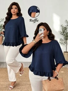 Weeklong Plus Size Blue Asymmetrical Hem Long Sleeve Blouse With Ruffle Cuff, Wood Ear Ruffle Hem And Pleated Ruffle Trim, Pullover Style Fall - Blue - View 1