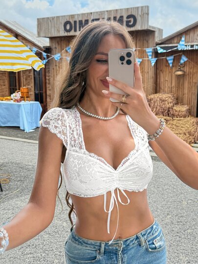SHEIN Frenchy Top femme en dentelle avec encolure cœur, manches courtes et nœud devant, Oktoberfest, festival de la bière allemande, robe bavaroise, Dirndl Oktoberfest, Top de Dirndl Oktoberfest