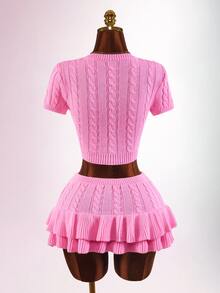 Amplova Women's Knitted Set Rope Cable Knit Sexy Sexy V-Neck 2 Pieces Set Transitional Season Outfit - Pink - View 8