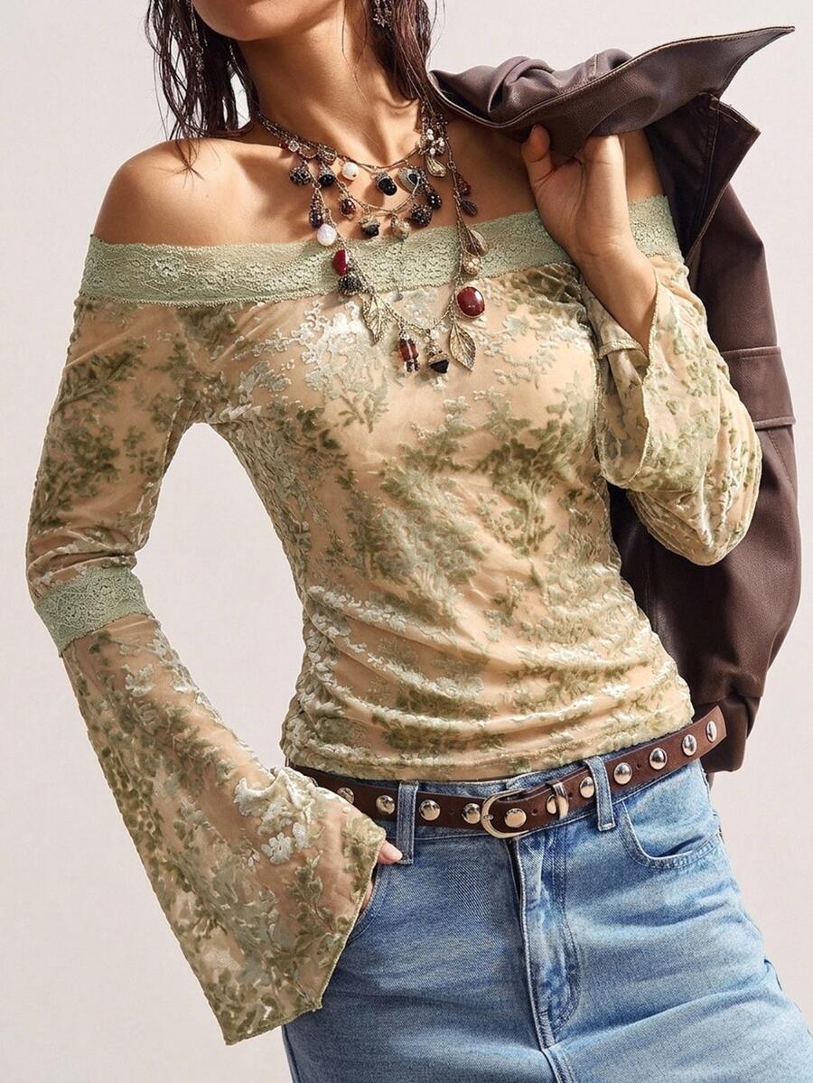Bohemela 休閒純色針織喇叭袖長袖修身露肩女款上衣 - 綠色 - 查看 1