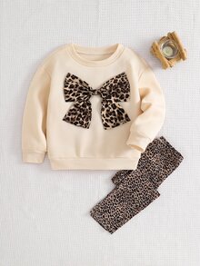Emery Rose Kids Emery Rose Kids 女童豹紋蝴蝶結運動衫與豹紋秋季長褲2件套 - 杏色 - 查看 5