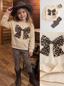 Emery Rose Kids Emery Rose Kids 女童豹紋蝴蝶結運動衫與豹紋秋季長褲2件套 - 杏色 - 查看 2